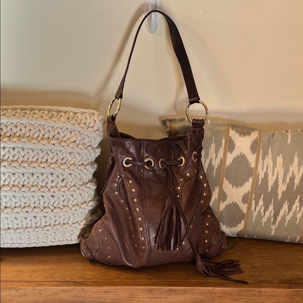 Bulga Chocolate Brown Large Leather Studded Handbag Shoulder Bag Carryall Purse